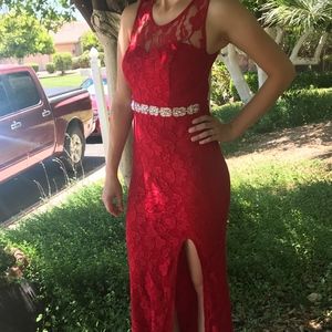 Red Lace Floor Length Formal Dress